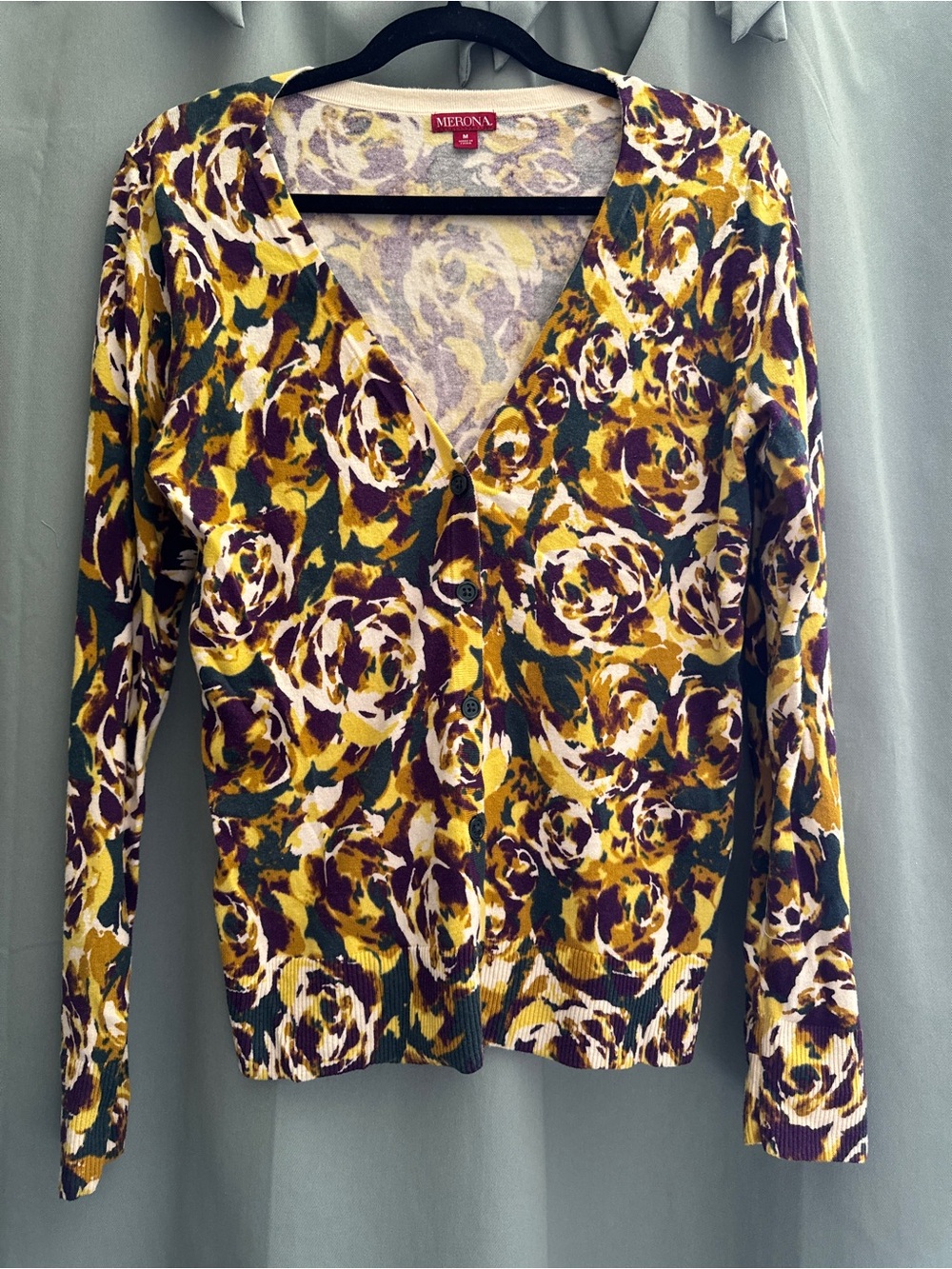 Merona Yellow, Green & Purple Floral Knit Cardigan
